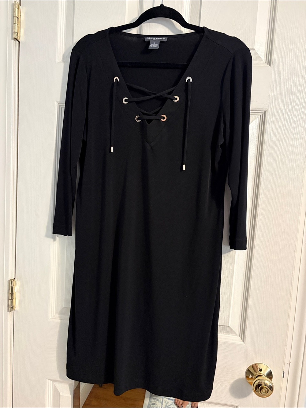 Chelsea & Theodore Black Lace-Up V-Neck Midi Dress